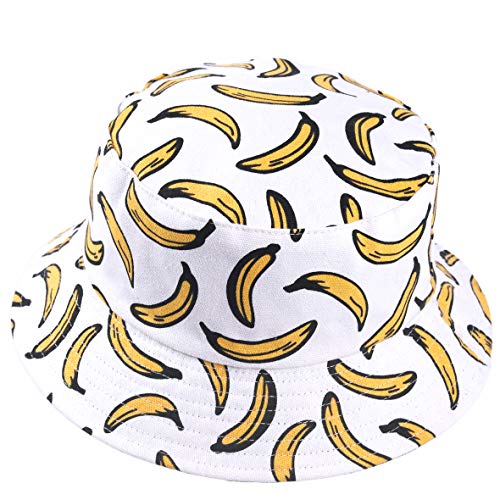 Hombres Verano Reversible Cubo Sombreros - Mujer Funky Fruta Impresión Pescador Plegable Cubeta Gorra (Plátano-Blanco)