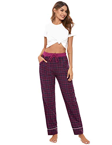 iClosam Pantalones Largos de Pijama Mujer 100% Algodón Pantalones Cuadros de Un Ajuste Relajado Suave y Comodo para Dormir S-XXL