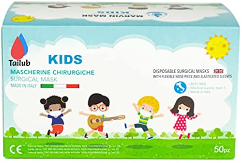 Infantiles-Made in Italy -Multicolor- 50 Mascarillas médico-quirúrgicas para niños - Desechables 3 capas - Certificado CE -Homologadas-Tip II- 2- 3 capas - Polipropileno