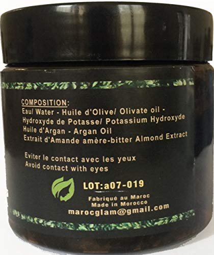 Jabón negro marroquí con aceite de argán Bio y almendras amargas, 250g, 100% Beldi natural. Mundialmente famoso antiarrugas. Exfoliación con jabón negro para pieles suaves, RICO en vitamina E