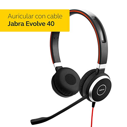 Jabra Evolve 40 - Auriculares Estéreo de Comunicaciones Unificadas para VoIP Softphone - Cancelación Pasiva de Ruido - Cable USB con Unidad de Control - Negro