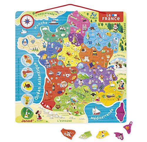 Janod - Mapa Magnético de Francia - 93 Piezas Magnéticas - Puzzle Infantil y Juego Educativo - Descubrimiento y Memorización - Francés - A Partir de 7 Años, J05480