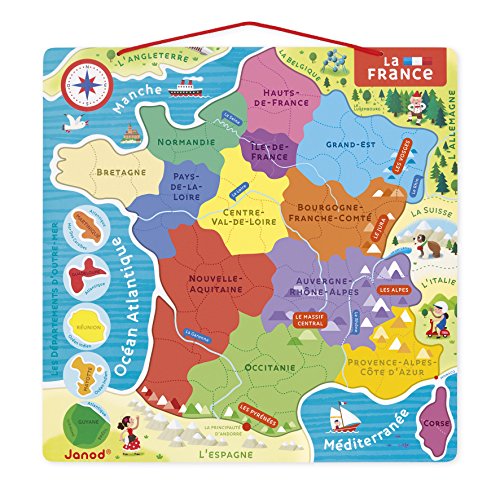 Janod - Mapa Magnético de Francia - 93 Piezas Magnéticas - Puzzle Infantil y Juego Educativo - Descubrimiento y Memorización - Francés - A Partir de 7 Años, J05480