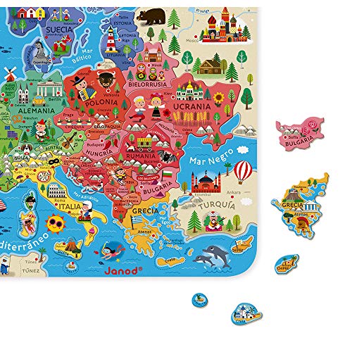 Janod - Puzle Mapa de Europa Magnético de Madera - 40 Piezas Imantadas - 45 X 45 Cm - Versión En Español - Juego Educativo A partir de 7 Años, J05474