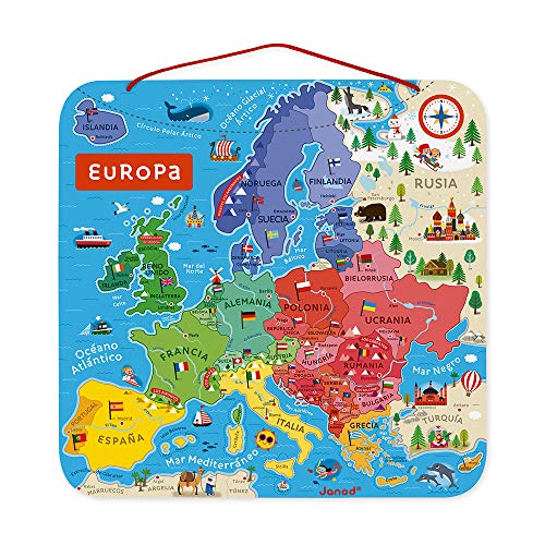 Janod - Puzle Mapa de Europa Magnético de Madera - 40 Piezas Imantadas - 45 X 45 Cm - Versión En Español - Juego Educativo A partir de 7 Años, J05474