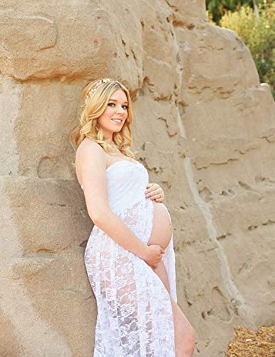 JENJON Mujer Embarazada Encaje Vestido de Fiesta Largos con Aberturas,Premamá Faldas Fotografía,Foto Shoot Dress de Maternidad Blanco M