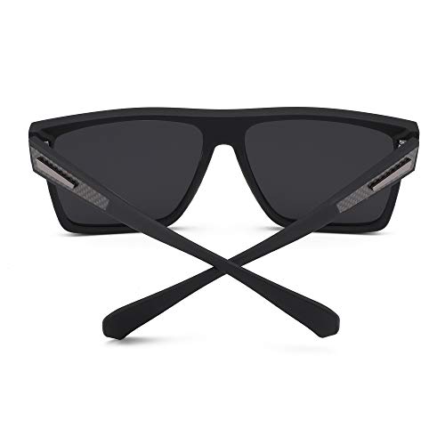 JIM HALO Gafas de sol Grande Retro Polarizadas para Hombres y Mujeres Gafas de Conducción Cuadradas con Parte Superior Plana (Marco Negro Mate/Lente Gris Polarizada)