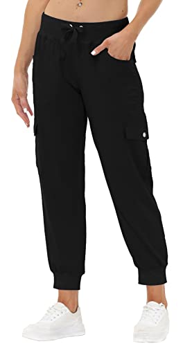JINSHI Pantalones Mujer Cargo Pantalón Largo Trabajo Pant Deportivo Jogger Cintura Alta con Bolsillos Negro S