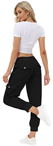 JINSHI Pantalones Mujer Cargo Pantalón Largo Trabajo Pant Deportivo Jogger Cintura Alta con Bolsillos Negro S