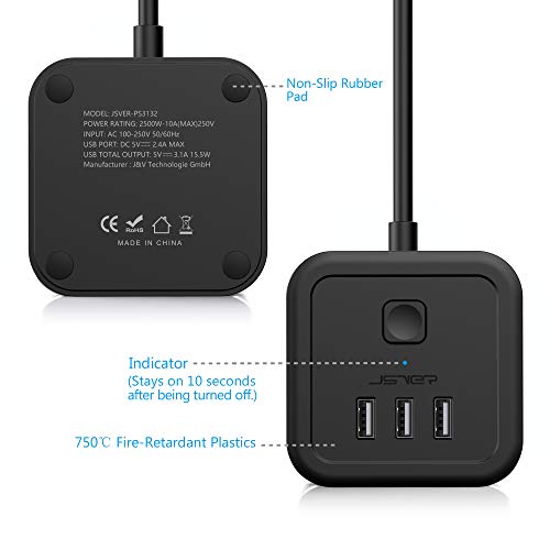 JSVER Cube Regleta Enchufe con USB de 3 Tomas con 3 USB Puertos Alargadera Electrica Protección contra Sobretensiones para el hogar, la Oficina y los ViajesCable 1.5 m Negro