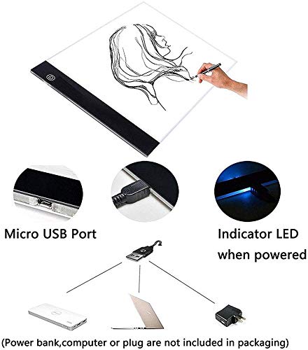 JUSONEY Pad de dibujo de caja de luz LED Mini ultrafino portátil con soporte y clips de sujeción - Brillo de atenuación gradual, Almohadilla de luz de seguimiento profesional para pintura de diamantes