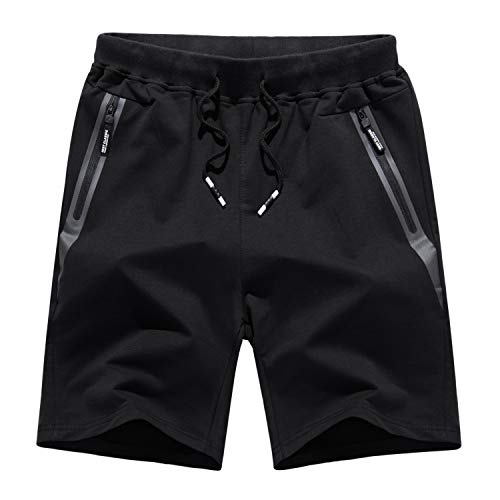 KEFITEVD Pantalones Cortos Deportivos de algodón para Correr para Hombres Pantalones Cortos de Verano cómodos para Correr en Bicicleta con 3 Bolsillos Negro
