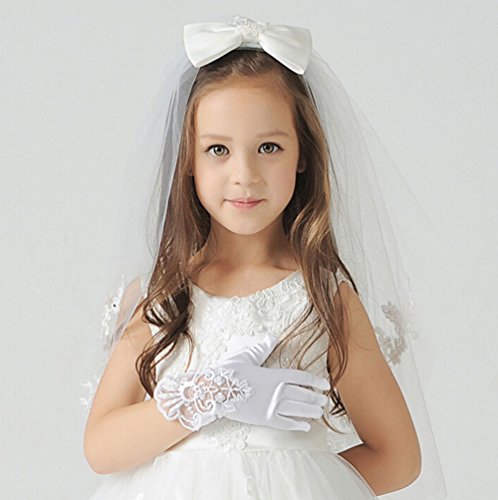 Kentop 1 par de guantes cortos, diseño de flores caladas, seda para boda, color blanco, talla L