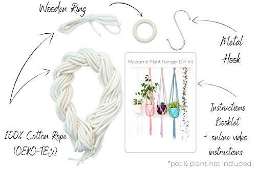 Kit de macramé para principiantes – Colgador de plantas – Cuerda de algodón 100% 5 mm – Hecho a mano en Francia (Natural)