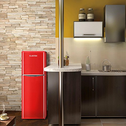 Klarstein Monroe XL Red - Nevera, Congelador, Frigorífico congelador combi, Diseño de los años 50, Silencioso, 97 l, Congelador de 39 l, 3 Baldas de vidrio, 70W, Rojo