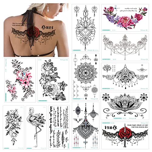 Konsait Tatuajes temporales para adultos Mujer (13 hojas), impermeable Flor Tatuaje Temporal negro Tribal Mandala Adhesivos Tatuajes de cuerpo temporales brazo cuello