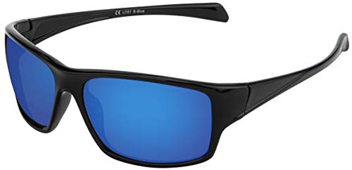 La Optica Gafas de Sol LOS1 UV400 Deportivas da Hombre y Mujer, Brillante Negro (Lentes: Azzul Espejo)