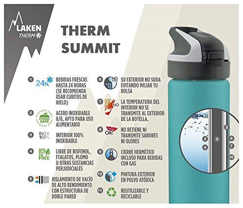 Laken Botella Térmica Reutilizable Summit de Acero Inoxidable con Tapón Automático y Cierre de Seguridad, 500ml, Turquesa