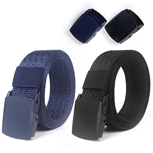 Lalafancy 2 Pack Cinturones de Nylon Militares Tácticos Militares Cinturón de Cintura Transpirable Cinturón Web Cinturón de Cintura Al Aire Libre Sin Hebilla de Metal (Negro + Azul)