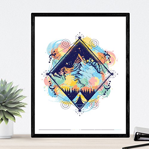 Lámina para enmarcar "MONTAÑA". Imagen de montaña a todo color con los elementos y universo. Poster estilo nórdico. Tamaño A3