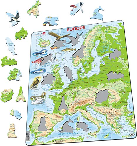 Larsen K70 Mapa físico de Europa, edición en Inglés, Puzzle de Marco con 87 Piezas