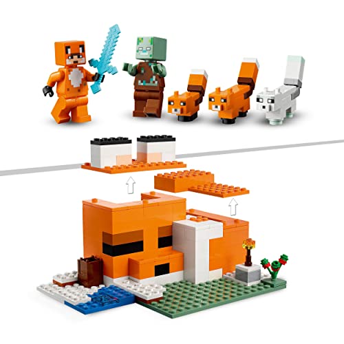 LEGO 21178 Minecraft El Refugio-Zorro, Juguete para Niños 8 Años, Set de Juego con Figuras de Zombi Ahogado y Animales
