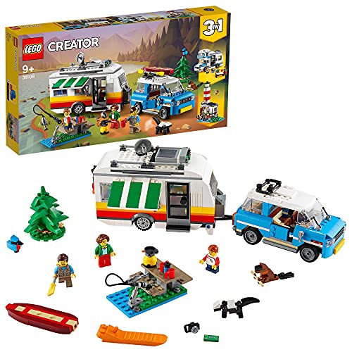 LEGO 31108 Creator 3in1 Vacaciones Familiares en Caravana, Juguete de Construcción 3 en 1: Coche Retro, Autocaravana o Faro