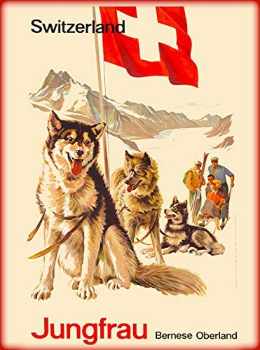 Letrero de chapa con diseño retro Jungfrau Alpes berneses Overland Siberian Husky Dogs Trineado Suiza Suisse SwissTin Signo Vintage Bar Cocina Cueva Café Shop Decoración de pared (20 x 30 cm)