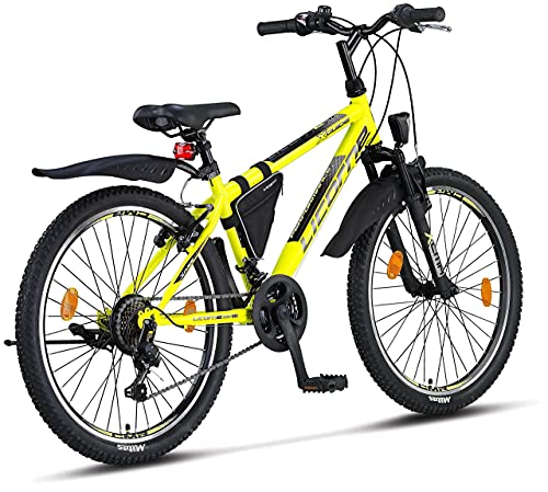 Licorne Bike Premium - Bicicleta de montaña para niña, niño, Hombre y Mujer, Cambios de 21 velocidades, Unisex Adulto, Amarillo/Negro, 24