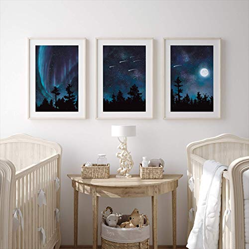 Lienzo Pintura Aurora Boreal Estrellas Fugaces Cielo Luna Carteles e Impresiones nórdicos Imágenes artísticas de Pared Sala de Estar Decoración para el hogar-40x60cmx3 Sin Marco