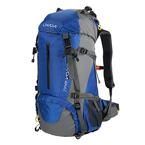 Lixada Mochila de Senderismo 50L con Cubierta Impermeable Mochila de Marcha Trekking Camping Deporte al Aire Libre (Azul)