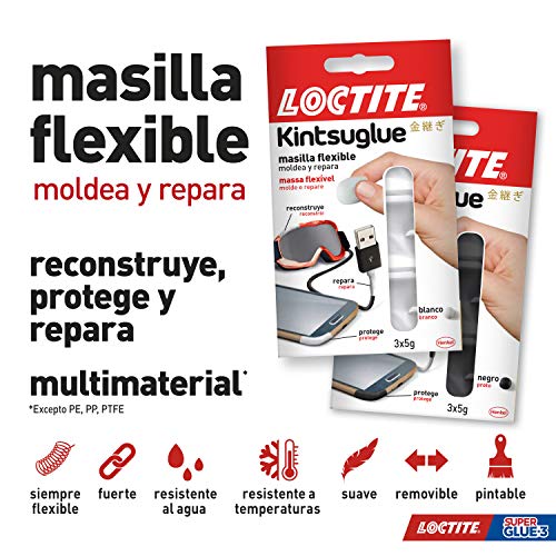 Loctite Kintsuglue, masilla flexible negra para reparar, reconstruir y proteger objetos, masilla adhesiva moldeable, adhesivo impermeable y removible, 3 x 5 g