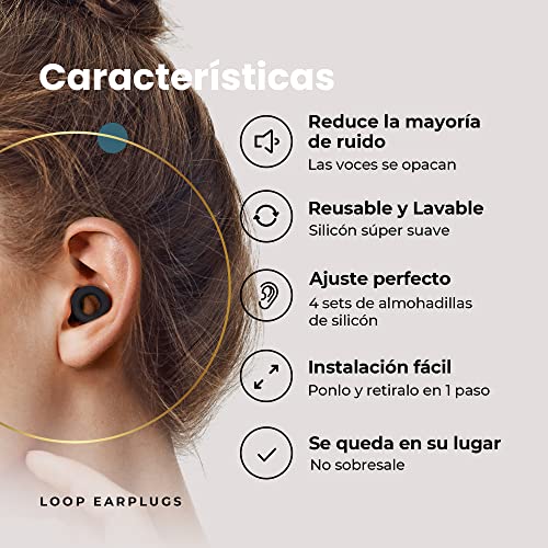 Loop Quiet - Tapones Oídos para dormir – Protección Auditiva de Silicona Suave Reutilizables + 8 Puntas para los Oidos en XS/S/M/L - Reducción Sonido 27dB - Antiruido, Estudiar - Negro