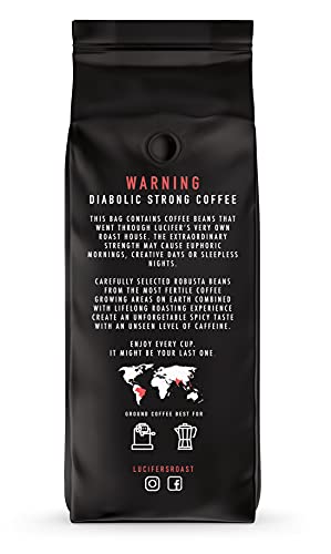 LUCIFER'S ROAST Espresso de KIQO de Italia - 1kg café extremadamente fuerte - bajo en ácido - 100% Robusta - 571 mg de cafeína por taza (grano de café, 1000g)