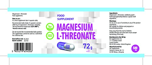 Magnesio L-Threonate 2000mg por dosis 120 cápsulas veganas, puro, sin rellenos