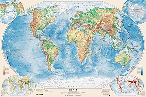Mapa del mundo físico con 4 además de los mapas, Poster: 119 x 84 cm