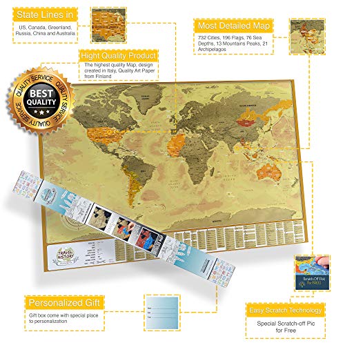 Mapa personal detallado para viajeros – Mapa del mundo rascado, XXL grande (84x57cm) Mapa del mundo con picos de montaña, profundidades de océanos y capitales Coutries, Regalo personal para viajeros