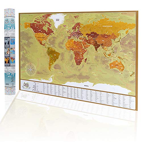 Mapa personal detallado para viajeros – Mapa del mundo rascado, XXL grande (84x57cm) Mapa del mundo con picos de montaña, profundidades de océanos y capitales Coutries, Regalo personal para viajeros