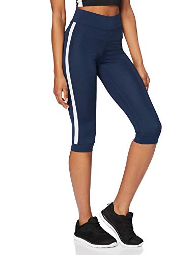Marca Amazon - AURIQUE Leggings de Deporte con Banda Lateral Estilo Capri Mujer, Azul (Dress Blue), 40, Label:M
