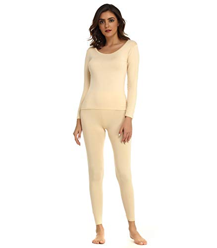 Mcilia Conjunto de Camiseta y Pantalones para Mujer de Ropa Interior Térmica Modal Ultradelgada con Cuello Redondo Beige XX-Large (EU 52 54)