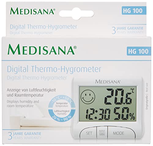 Medisana HG 100 Higrómetro digital para interiores, termómetro con humedad, temperatura ambiente, tiempo, visualización de la humidificación interior