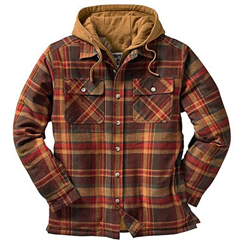 Men´s Quilted Lined Flannel Shirt Jacket Plaid Hooded Long Sleeve Rugged Zipper Coat Thicken Warm Winter Outwear (Brown, Large)