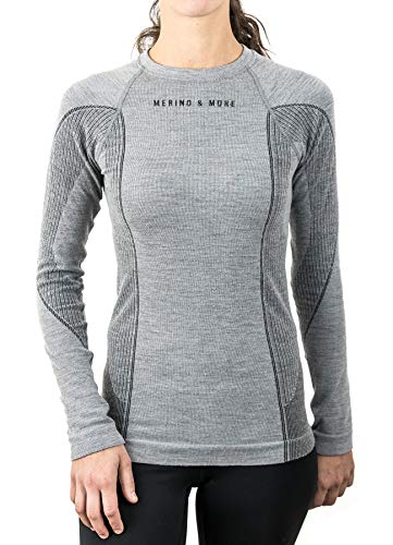 Merino & More Ropa interior de esquí para mujer Merino, camiseta interior funcional de lana merino, manga larga, gris claro, S