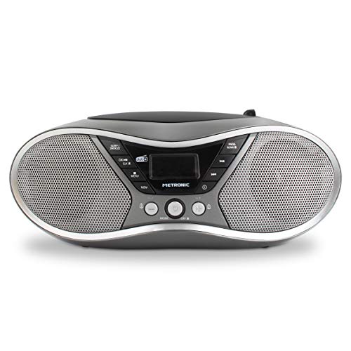 Metronic 477171 Radio CD portátil con USB para MP3, FM RDS y DAB+, entrada audio, salida auricular, función doble alarma, gris/negro