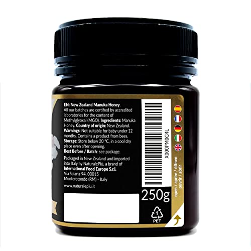 Miel de Manuka 100+ MGO de 250g. Producida en Nueva Zelanda, activa y cruda, Pura y natural. Metilglioxial Probado por laboratorios acreditados. NATURALEPIÙ