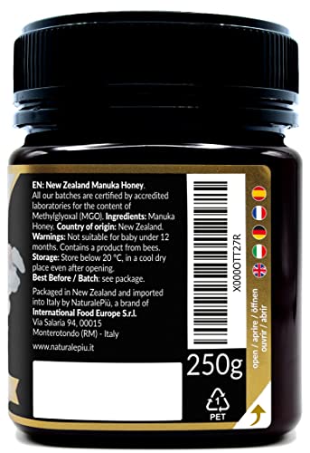 Miel de Manuka 800+ MGO de 250g. Producida en Nueva Zelanda, activa y cruda, Pura y natural. Metilglioxial probado por laboratorios acreditados. NATURALEPIÙ