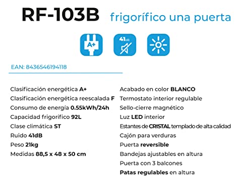 Milectric Frigorífico Table Top RF-103B Blanco, Alto 85cm, 88 Litros, Clasificación energética F, LUZ LED
