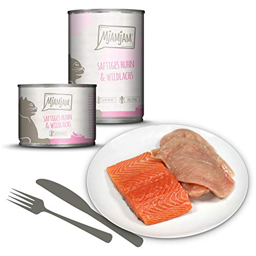 MjAMjAM - Pienso acuoso para Gatos - Jugoso Pollo y salmón Salvaje - Sin Cereales - 6 x 200 g