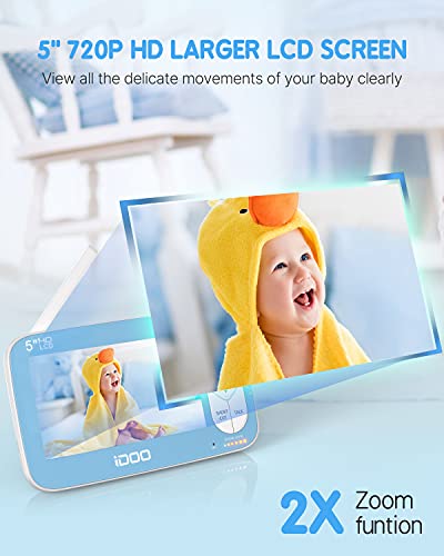 Monitor de vídeo para bebés iDoo. Pantalla de 5" HD a 720p con cámara y sonido. Zoom remoto. Comunicación bidireccional. Visión nocturna. Reproductor de canciones de cuna. Alcance de 270m