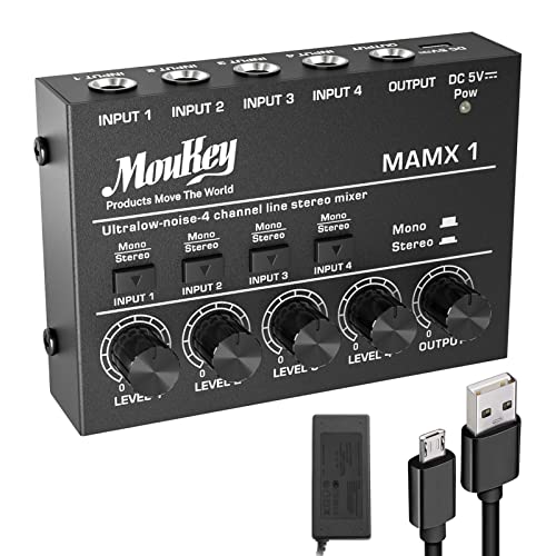 Moukey Mezclador deLínea 4 Canales/Mesa Mezcla Ultra Bajo Ruido/Mini Mezclador deAudio DC 5V 4-Stereo para Pequeños Clubes o Bares